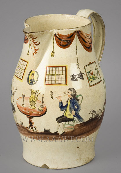 Creamware Jug, Hand Painted
Third Quarter 18th Century
Probably Staffordshire
Ex Louis Marc Solon Collection (1835 to 1913), entire view